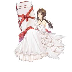 Rule 34 | 1girl, breasts, brown hair, detached sleeves, dress, falcon (girls&#039; frontline), falcon (song of the morning dew) (girls&#039; frontline), flower, girls&#039; frontline, gloves, hair ornament, hao (patinnko), jewelry, laurel crown, long hair, looking at viewer, medium breasts, necklace, official alternate costume, official art, own hands together, pearl necklace, red eyes, red ribbon, ribbon, rose, simple background, sitting, smile, solo, too many flowers, transparent background, weapon case, wedding dress, white dress, white gloves, white sleeves