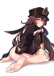 Rule 34 | 1girl, arka91, ass, barefoot, blush, bottomless, brown hair, butt crack, genshin impact, hat, highres, hu tao (genshin impact), long sleeves, looking at viewer, seiza, simple background, sitting, smile, soles, solo, toes, top hat, white background