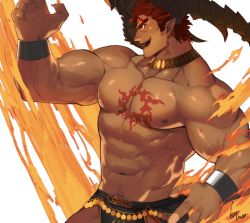 Rule 34 | 1boy, abs, alternate costume, bara, chest tattoo, collarbone, dark-skinned male, dark skin, fire, gomtang, horns, ifrit (housamo), large pectorals, male focus, muscular, nipples, orange eyes, pectorals, penis, pointy ears, red hair, solo, spiked hair, tattoo, thick thighs, thighs, tokyo houkago summoners, topless male, tray, upper body
