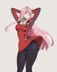 Rule 34 | 1girl, aqua eyes, arms behind head, arms up, black pantyhose, bobobong, breasts, buttons, closed mouth, commentary, dancing, darling in the franxx, dress, grey background, hair ornament, highres, horns, long hair, long sleeves, looking at viewer, me!me!me! dance (meme), medium breasts, meme, military, military uniform, necktie, pantyhose, pink hair, red horns, short dress, simple background, smile, solo, standing, uniform, very long hair, zero two (darling in the franxx)