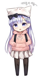 Rule 34 | 1girl, animal ears, animal hat, beret, black bow, black pantyhose, blush, bow, cat ears, cat hat, chibi, commentary request, drawstring, fake animal ears, full body, hair ornament, hairclip, hands in pocket, hat, hood, hood down, hoodie, long hair, long sleeves, looking at viewer, no shoes, open mouth, original, pantyhose, pink hoodie, purple eyes, purple hair, shiro (acad1213), simple background, solo, standing, star (symbol), star hair ornament, very long hair, white background, white hat