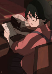 Rule 34 | 1girl, backlighting, black hair, book, carpet, commentary request, desk, glasses, hair between eyes, holding, holding paper, houshou (kancolle), japanese clothes, kantai collection, kimono, long hair, looking at viewer, looking back, mail, mihama machi, open mouth, paper, pencil skirt, ponytail, red kimono, shadow, signature, skirt, smile, solo, window shadow, wooden chair
