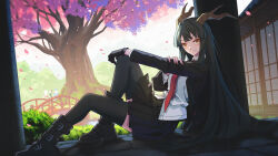 Rule 34 | 1girl, architecture, black footwear, black gloves, black hair, black jacket, black thighhighs, boots, bridge, brown necktie, brown skirt, cherry blossoms, chinese commentary, closed mouth, commentary request, east asian architecture, from side, full body, gloves, grass, green eyes, hair intakes, highres, horns, jacket, jiege, long hair, long sleeves, looking at viewer, necktie, open clothes, open jacket, original, partial commentary, pillar, pleated skirt, shirt, sidelocks, sitting, skirt, smile, solo, thighhighs, tree, very long hair, white shirt