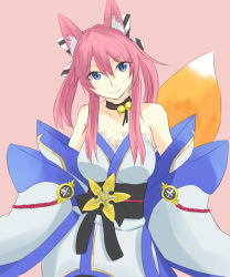 Rule 34 | 10s, 1girl, alternate costume, animal ears, bare shoulders, blue eyes, breasts, cleavage, collar, collarbone, detached sleeves, fate/extra, fate (series), fox ears, fox tail, hair ribbon, highres, japanese clothes, large breasts, looking at viewer, phantasy star, phantasy star online 2, pink background, pink hair, ribbon, simple background, solo, tail, tamamo no mae (fate/extra), twintails
