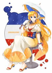 Rule 34 | 1girl, blonde hair, blue eyes, breasts, cleavage, coconashi, dress, earrings, french flag, gloves, highres, jewelry, long hair, medium breasts, mole, orangina, original, ribbon, sandals, scarf, smile, solo, stool, umbrella