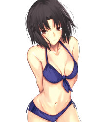 Rule 34 | 1girl, alternate costume, arms behind back, bikini, black hair, blue bikini, blush, breasts, brown eyes, closed mouth, collarbone, commentary request, expressionless, hair intakes, highres, iro (sekaixiro), kara no kyoukai, looking at viewer, medium breasts, navel, ryougi shiki, short hair, small breasts, solo, swimsuit, white background