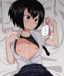 Rule 34 | ..., 1girl, bed, black hair, black neckwear, blush, breasts, brown eyes, clothes lift, condom, condom wrapper, embarrassed, highres, imminent penetration, looking away, loose necktie, lying, marvel, necktie, nipples, no bra, on back, open clothes, open shirt, peni parker, pillow, pleated skirt, school uniform, shirt lift, short hair, skirt, small breasts, spider-man: into the spider-verse, spider-man (series), spider-verse, spoken ellipsis, sweat, sweatdrop, toku (yhpv8752), undressing, upper body