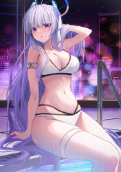 Rule 34 | 1girl, :o, absurdres, arm support, bikini, blue archive, blunt bangs, breasts, city, cityscape, cleavage, collarbone, commentary request, gradient hair, grey hair, halo, hand in own hair, hidel, highres, large breasts, long hair, looking at viewer, medium breasts, multicolored hair, navel, night, noa (blue archive), open mouth, pool, pool ladder, poolside, purple eyes, purple hair, sitting, solo, swimsuit, thigh strap, thighs, two-tone hair, very long hair, white bikini, window