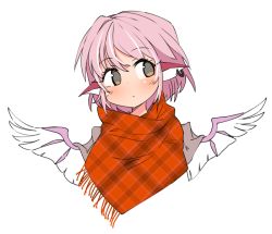 Rule 34 | 1girl, animal ears, blush, border, brown eyes, closed mouth, earrings, ini (inunabe00), jewelry, looking to the side, mystia lorelei, no headwear, orange scarf, pink hair, plaid, plaid scarf, scarf, short hair, simple background, solo, touhou, transparent border, upper body, white background, wings