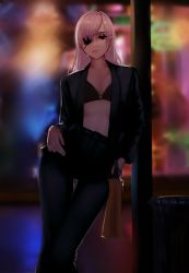 Rule 34 | 1girl, absurdres, bad id, bad pixiv id, black bra, black eyes, blurry, blurry background, bra, breasts, business suit, chainsaw man, cigarette, ear piercing, expressionless, eyepatch, formal, hand on own hip, high-waist pants, highres, jacket, leaning to the side, long hair, looking at viewer, medium breasts, open clothes, open jacket, pants, piercing, quanxi (chainsaw man), smoking, suit, underwear, white hair, zaki (zaki btw)