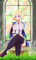Rule 34 | absurdres, aki rosenthal, blonde hair, boots, cape, fantasy, gloves, grass, hair extensions, highres, hololive, plant, purple eyes, sunlight, tall grass, thigh boots, thighhighs, thighs, trolllogicworks, twintails, vines, virtual youtuber, window