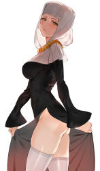 Rule 34 | 1girl, ass, blush, breasts, covered navel, cowboy shot, fate/grand order, fate (series), from side, habit, impossible clothes, lips, long hair, long sleeves, looking at viewer, medium breasts, no panties, nun, parted lips, robe, safety pin, sessyoin kiara, side slit, simple background, skindentation, solo, thighs, veil, white legwear, wide sleeves, yd (orange maru), yellow eyes