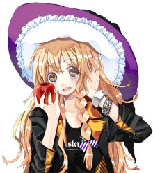 Rule 34 | 1girl, apple, blonde hair, braid, contemporary, female focus, food, fruit, hat, holding, holding food, holding fruit, kirisame marisa, long hair, naoto (sandersoniahirahira), sarusaru naoto, sleeves pushed up, solo, touhou, witch, witch hat, yellow eyes