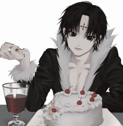 Rule 34 | 1boy, alcohol, black eyes, black hair, cake, cherry, chrollo lucilfer, commentary request, earrings, food, food on hand, fruit, glass, highres, hunter x hunter, jacket, jewelry, looking at viewer, male focus, open clothes, open jacket, pectoral cleavage, pectorals, short hair, simple background, sitting, smnsutycoc, solo, table, topless male, white background, wine