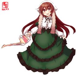 Rule 34 | 1girl, artist logo, brown eyes, brown hair, commentary request, cosplay, dated, dress, feet out of frame, frilled dress, frills, green dress, highres, kanon (kurogane knights), kantai collection, kisaragi (kancolle), long hair, look-alike, looking at viewer, open mouth, revision, round teeth, rozen maiden, simple background, smile, solo, suiseiseki, suiseiseki (cosplay), teeth, upper teeth only, watering can, white background