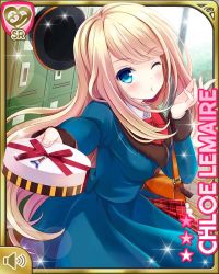 Rule 34 | 1girl, :o, blonde hair, blue eyes, bow, card, character name, chloe lemaire, closed mouth, day, dress, girlfriend (kari), green dress, hat, indoors, long hair, official art, qp:flapper, red bow, solo, tagme, wink