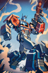 Rule 34 | 1boy, autobot, casey w. coller, clenched hand, collaboration, comic cover, cover, cover page, glowing, glowing eyes, gun, holding, holding gun, holding weapon, insignia, joana lafuente, looking ahead, mecha, no humans, official art, optimus prime, robot, science fiction, smoke, solo, textless version, the transformers (idw), transformers, weapon