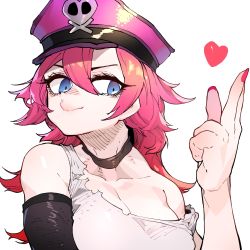Rule 34 | 1girl, bare shoulders, black choker, blue eyes, breasts, choker, cleavage, closed mouth, detached sleeves, final fight, fingernails, hair between eyes, hand up, hat, heart, highres, long hair, medium breasts, nail polish, pink hair, pink hat, poison (final fight), red nails, shirt, simple background, sleeveless, sleeveless shirt, smile, solo, ssambatea, street fighter, street fighter v, torn clothes, torn shirt, upper body, white background