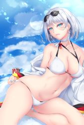 Rule 34 | 1girl, adjusting eyewear, alternate costume, arm support, armpits, azur lane, baggy clothes, bikini, blue eyes, breasts, cameltoe, cleavage, closed mouth, coat, collarbone, covered erect nipples, cowboy shot, cross, cross earrings, cup, day, drinking straw, earrings, eyewear on head, groin, hair between eyes, hand on eyewear, head tilt, highres, jewelry, large breasts, looking at viewer, nail polish, navel, outdoors, scarf, shiro usagi, short hair, sidelocks, silver hair, sitting, skindentation, solo, sparkle, stomach, sunglasses, swimsuit, thighs, tirpitz (azur lane), tirpitz (snow-melting summer) (azur lane), white bikini, white coat, white scarf, wind, yokozuwari