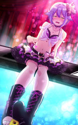 Rule 34 | 1girl, :d, black footwear, blush, boots, bow, breasts, choker, crop top, cross-laced footwear, foreshortening, front-tie top, hair between eyes, hair bow, hair flaps, idolmaster, idolmaster cinderella girls, idolmaster cinderella girls starlight stage, koshimizu sachiko, lace-up boots, layered skirt, looking at viewer, miniskirt, natsumi akira, navel, open mouth, purple hair, sitting, skirt, small breasts, smile, stomach, yellow eyes