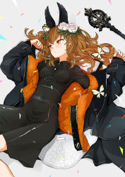Rule 34 | 1girl, animal ears, arakawa (aintnoroom), black dress, black jacket, breasts, brown hair, bug, butterfly, closed mouth, collared dress, dress, flower, hair flower, hair ornament, insect, jacket, lavender quartz, long hair, long sleeves, lying, on back, open clothes, open jacket, orange eyes, rose, simple background, small breasts, solo, staff, torabishi lana, two-sided fabric, white background, white butterfly, white flower, white rose, zipper