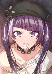 Rule 34 | 1girl, after fellatio, beret, black bra, black choker, black hat, blunt bangs, blush, bra, choker, collarbone, cum, cum in mouth, cum on tongue, diagonal bangs, ear piercing, earrings, erere, hat, idolmaster, idolmaster shiny colors, jewelry, long hair, looking at viewer, open mouth, piercing, purple eyes, purple hair, shirt, solo, studded choker, tanaka mamimi, tongue, tongue out, torn clothes, torn shirt, twintails, underwear, white shirt