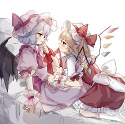 Rule 34 | 2girls, arm ribbon, arm support, ascot, back bow, bat wings, bed, blonde hair, blue hair, blush, bow, brooch, commentary, cross, cross earrings, crystal, dress, earrings, feet, flandre scarlet, frilled cuffs, half-closed eyes, hand on own chin, hat, hat ribbon, incest, jewelry, kneeling, looking at another, mob cap, mouth hold, multiple girls, one side up, pink dress, pointy ears, puffy short sleeves, puffy sleeves, red ascot, red bow, red eyes, red ribbon, red skirt, red vest, remilia scarlet, ribbon, ribbon in mouth, shirt, short hair, short sleeves, siblings, simple background, sisters, sitting, skirt, sorani (kaeru0768), symbol-only commentary, touhou, vest, white background, white legwear, white shirt, wings, yuri
