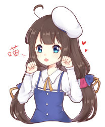 Rule 34 | 10s, 1girl, :o, ahoge, bad id, bad pixiv id, beret, blue dress, blue eyes, brown hair, commentary request, cropped torso, dress, fang, hands up, hat, heart, highres, hinatsuru ai, layered sleeves, light (luxiao deng), long hair, long sleeves, looking at viewer, low twintails, parted lips, puffy short sleeves, puffy sleeves, ryuuou no oshigoto!, school uniform, short over long sleeves, short sleeves, simple background, solo, twintails, upper body, very long hair, white background, white hat