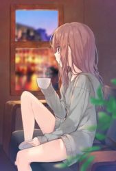 Rule 34 | 1girl, bad id, bad twitter id, blurry, brown eyes, brown hair, city, couch, cup, depth of field, dress, from side, hakuishi aoi, holding, holding cup, holding plate, hood, hood down, hoodie, indoors, knee up, long hair, looking to the side, original, plant, plate, profile, saucer, sitting, solo, steam, sweater, sweater dress, teacup, window