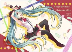 Rule 34 | 10s, 1girl, 2013, aqua eyes, aqua hair, armpits, arms up, artist name, boots, character name, dated, elsa (g557744), happy birthday, hatsune miku, long hair, looking at viewer, open mouth, skirt, solo, thigh boots, thighhighs, twintails, very long hair, vocaloid