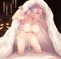 Rule 34 | 1girl, aqua eyes, bandages, bare shoulders, blonde hair, blue eyes, blush, boku wa tomodachi ga sukunai, breasts, butterfly hair ornament, cait aron, candle, candlelight, candlestand, cleavage, commentary request, constricted pupils, costume, embarrassed, eyebrows hidden by hair, full body, futon, hair ornament, hair over one eye, halloween, halloween costume, highres, indoors, kashiwazaki sena, kneeling, large breasts, long hair, looking at viewer, mummy, mummy costume, nail polish, naked bandage, on bed, open mouth, solo, thighs, under covers, underboob