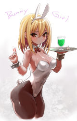 Rule 34 | 1girl, animal ears, bare shoulders, black pantyhose, blonde hair, blush, bow, bowtie, breasts, brown eyes, cleavage, condom, condom wrapper, covered erect nipples, covered navel, cup, curvy, dark-skinned female, dark skin, detached collar, drinking glass, earrings, fake animal ears, highres, hiro1984, jewelry, leotard, looking at viewer, medium breasts, original, pantyhose, playboy bunny, rabbit ears, rabbit tail, short hair, solo, tail, thick thighs, thighs, tray, wide hips, wrist cuffs