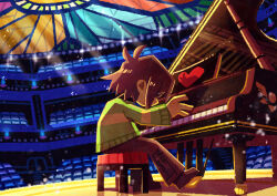 Rule 34 | 1other, absurdres, androgynous, antenna hair, artist name, brown footwear, brown hair, brown pants, child, colored skin, commentary request, concert, covered face, deltarune, from side, full body, grand piano, green sweater, heart, highres, instrument, kris (deltarune), light rays, logo, long sleeves, music, other focus, pants, piano, playing instrument, scenery, shaded face, shoes, short hair, sitting, solo, stage lights, stool, sweater, watawata22, yellow skin