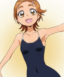 Rule 34 | 00s, 1girl, armpits, brown eyes, brown hair, collarbone, competition school swimsuit, eyelashes, face, flat chest, futari wa precure splash star, hyuuga saki, oimanji, one-piece swimsuit, precure, school swimsuit, short hair, smile, solo, swimsuit