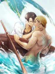 2boys alternate_universe back back_muscles black_shirt blonde_hair boat body_markings brown_eyes brown_hair closed_eyes collarbone commentary couple english_commentary erwin_smith gravesecrets hair_between_eyes levi_(shingeki_no_kyojin) looking_at_another male_focus merman monster_boy multiple_boys oar open_clothes open_shirt palm_leaf parted_lips scales shingeki_no_kyojin shirt water water_drop watercraft white_shirt yaoi