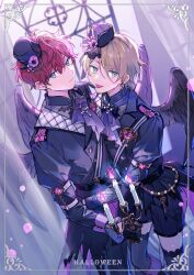 Rule 34 | 2boys, amagi hiiro, black gloves, blonde hair, blue eyes, border, buttons, candle, candlestand, closed mouth, commentary, earrings, ensemble stars!, feathered wings, gloves, green eyes, halloween, hand on another&#039;s hip, hand on another&#039;s shoulder, hat, jewelry, lapels, long sleeves, male focus, multiple boys, red hair, seuga, shiratori aira (ensemble stars!), short hair, single earring, tongue, tongue out, wings