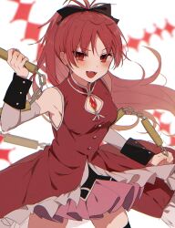 Rule 34 | 1girl, :d, bare shoulders, bow, boyano, breasts, chain, cleavage cutout, clothing cutout, collared dress, cowboy shot, dress, fangs, floating hair, gem, hair bow, hand up, holding, holding weapon, long hair, looking at viewer, mahou shoujo madoka magica, mahou shoujo madoka magica (anime), medium breasts, nunchaku, open mouth, pink skirt, ponytail, red dress, red eyes, red gemstone, red hair, sakura kyoko, simple background, skirt, sleeveless, sleeveless dress, smile, solo, standing, weapon, white background, wrist cuffs