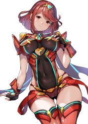 Rule 34 | 1girl, absurdres, breasts, breasts apart, chest jewel, covered navel, cowboy shot, earrings, fingerless gloves, gloves, head tilt, highres, impossible clothes, jewelry, koruse, large breasts, looking at viewer, nintendo, pyra (xenoblade), red eyes, red hair, red shorts, red thighhighs, short hair, short shorts, shorts, skindentation, solo, swept bangs, thigh gap, thighhighs, tiara, xenoblade chronicles (series), xenoblade chronicles 2