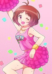 Rule 34 | 1girl, 81 (mellowry), antenna hair, arm up, bare shoulders, breasts, brown eyes, brown hair, cheerleader, cleavage, confetti, from side, hidaka ai, holding, holding pom poms, idolmaster, idolmaster dearly stars, jewelry, knee up, miniskirt, necklace, one eye closed, open mouth, pink background, pink shirt, pink skirt, pleated skirt, polka dot, polka dot background, pom pom (cheerleading), pom poms, print shirt, shirt, short hair, skirt, sleeveless, sleeveless shirt, small breasts, smile, solo, star (symbol), star necklace, sweat, yellow wristband