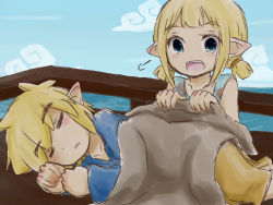 Rule 34 | 1boy, 1girl, aryll, blanket, blonde hair, blue eyes, brother and sister, closed eyes, link, low twintails, nintendo, open mouth, pointy ears, railing, siblings, sky, sleeping, sunagimo (nagimo), the legend of zelda, the legend of zelda: the wind waker, twintails, water