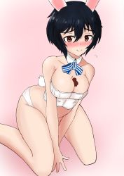 Rule 34 | 1girl, absurdres, animal ears, black hair, blush, brave witches, breasts, brown eyes, rabbit ears, rabbit tail, candy, chocolate, chocolate heart, food, heart, highres, large breasts, looking at viewer, panties, shimohara sadako, smile, solo, t-8000, tail, underwear, white panties, world witches series