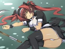 Rule 34 | 1girl, airi (queen&#039;s blade), black thighhighs, blush, defeat, closed eyes, female focus, headdress, long hair, lying, maid, maid headdress, panties, queen&#039;s blade, red hair, shamanwer, solo, thighhighs, twintails, unconscious, underwear, white panties