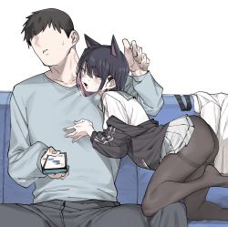 Rule 34 | 1boy, 1girl, absurdres, animal ears, ass, bite mark, black hair, black jacket, black pantyhose, blue archive, blush, breasts, cellphone, couch, extra ears, faceless, faceless male, fang, hair ornament, hairclip, hetero, highres, holding, holding phone, jacket, kazusa (blue archive), long sleeves, multicolored hair, off shoulder, open clothes, open jacket, open mouth, pants, pantyhose, phone, pink hair, pleated skirt, sailor collar, school uniform, sensei (blue archive), serafuku, shirt, short hair, simple background, sitting, skirt, smartphone, sweat, thighband pantyhose, urec, white background, white shirt