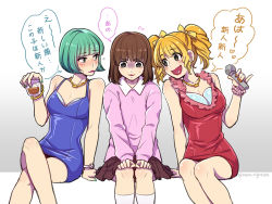 Rule 34 | ..., 10s, 3boys, :3, :d, alcohol, aqua hair, arm support, black eyes, blonde hair, blue dress, blush, bob cut, bow, boy sandwich, breast padding, brothers, brown hair, crossdressing, crossed legs, cup, dress, drill hair, drinking glass, drunk, earrings, eyebrows, eyelashes, flat chest, flying sweatdrops, frills, green nails, hair bow, hands on own knees, heart, heart in mouth, holding, holding cup, holding drinking glass, holding microphone, ice, ice cube, jewelry, leaning to the side, lipstick, long sleeves, looking at another, makeup, male focus, matsuno choromatsu, matsuno jyushimatsu, matsuno todomatsu, microphone, miniskirt, multiple boys, nail polish, necklace, nightcat, open mouth, orange nails, osomatsu-kun, osomatsu-san, pink lips, pleated skirt, red dress, red lips, sandwiched, scared, short dress, siblings, sitting, skirt, sleeveless, sleeveless dress, smile, speech bubble, sweat, sweater, translation request, trap, triangle mouth, twintails, twitter username, watch, wine, wristwatch, yellow bow
