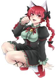 Rule 34 | 1girl, adapted costume, bell, black dress, bow, braid, breasts, collar, corset, dress, fang, frilled socks, frills, full body, hair bow, highres, juliet sleeves, kaenbyou rin, large breasts, long sleeves, looking at viewer, mary janes, neck bell, nicutoka, open mouth, paw pose, platform footwear, puffy sleeves, red hair, revision, shirt, shoes, smile, socks, solo, touhou, transparent background, twin braids, underbust, white background