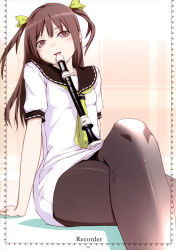 Rule 34 | 1girl, :p, absurdres, black pantyhose, blush, bow, breasts, brown eyes, brown hair, crossed legs, dress, flute, hair bow, highres, image sample, instrument, long hair, ooji, original, pantyhose, recorder, school uniform, serafuku, short twintails, sitting, small breasts, solo, tongue, tongue out, twintails