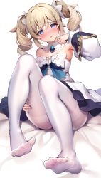 Rule 34 | 1girl, barbara (genshin impact), bed sheet, blue eyes, blush, detached collar, detached sleeves, dress, drill hair, feet, foot focus, foreshortening, full body, genshin impact, hair ribbon, hand on own thigh, highres, knees up, long hair, long sleeves, looking at viewer, no shoes, pantyhose, parted lips, pinki o64, ribbon, simple background, sitting, solo, strapless, strapless dress, tearing up, thighband pantyhose, twin drills, twintails, white background, white dress, white pantyhose