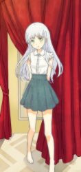 Rule 34 | 1girl, absurdres, arms behind back, barefoot, blush, casual, colorized, commentary, full body, gazing eye, green eyes, highres, index (toaru majutsu no index), indoors, kogino chuuya, light blush, long hair, looking at viewer, short sleeves, silver hair, skirt, smile, standing, toaru majutsu no index