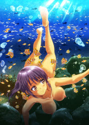 Rule 34 | 1girl, absurdres, air bubble, barefoot, blush, breasts, brown eyes, bubble, butterflyfish, clownfish, completely nude, coral, feet, fish, freediving, highres, holding breath, hotohori rushia, jellyfish, large breasts, light rays, nipples, nude, nudist, ocean, original, purple hair, rock, school of fish, seafloor, side ponytail, skinny dipping, smile, soles, summer, sunlight, swimming, tropical fish, underwater, water