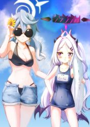 Rule 34 | 2girls, adjusting eyewear, ako (blue archive), alternate costume, alternate hairstyle, armpits, asuteru, bad id, bad pixiv id, bare shoulders, bikini, black bikini, blue archive, blue one-piece swimsuit, blue sky, blush, breasts, cleavage, cloud, cloudy sky, collarbone, commentary request, demon girl, demon horns, demon wings, denim, denim shorts, earrings, flower, forehead, hair between eyes, hair flower, hair ornament, hairclip, halo, height difference, highres, hina (blue archive), hina (swimsuit) (blue archive), horns, jewelry, lifebuoy, long hair, looking at another, looking at viewer, low twintails, multiple girls, name tag, navel, old school swimsuit, one-piece swimsuit, one side up, parted bangs, purple eyes, school swimsuit, short shorts, shorts, sidelocks, sky, stomach, sunflower, sunglasses, sweat, swim ring, swimsuit, translation request, twintails, white hair, wings